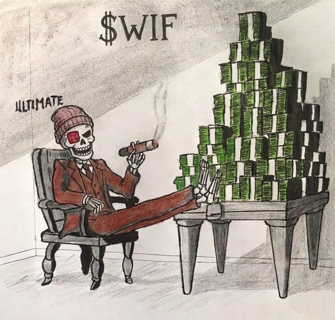 A hand-drawn illustration of a skeleton in a red suit and beanie smoking a cigar while sitting next to a table piled high with stacks of money, labeled '$WIF' and 'ULTIMATE'.