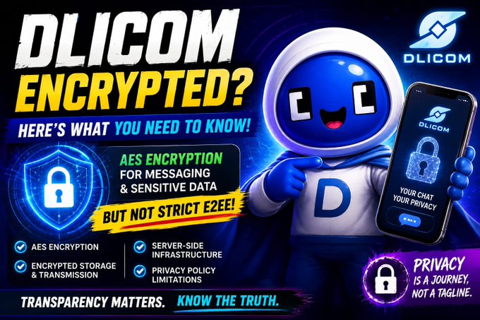 A YouTube-style thumbnail titled 'DLICOM ENCRYPTED? HERE'S WHAT YOU NEED TO KNOW!' featuring a blue astronaut mascot and a smartphone displaying the DLICOM app.