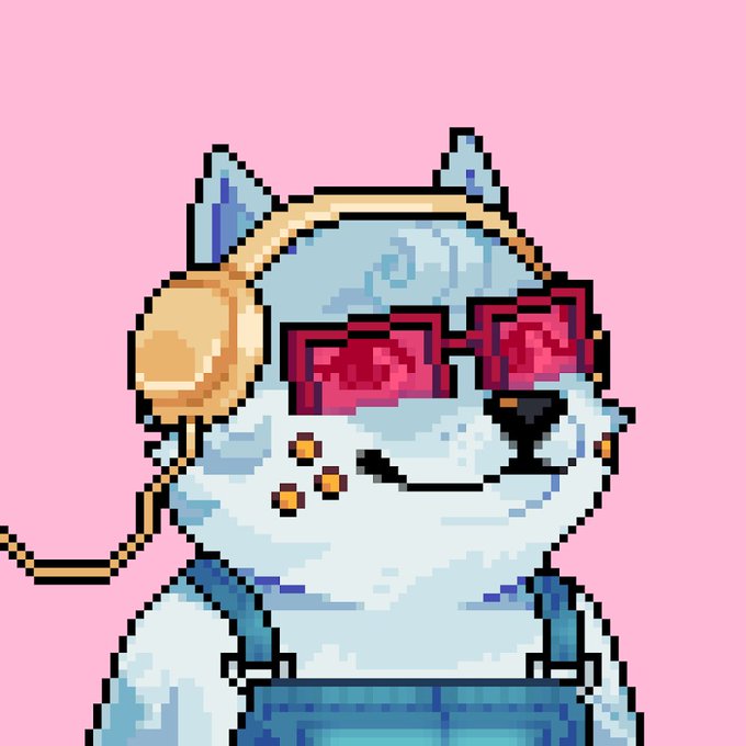 Pixel art illustration of a cute white dog character wearing pink sunglasses, a backwards cap, headphones, and blue overalls against a pink background.