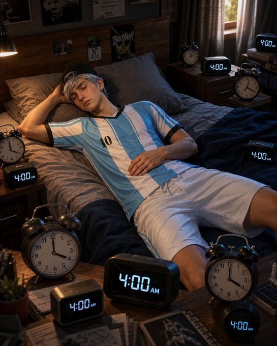 Anime-style illustration of a young man with silver hair sleeping in bed wearing an Argentina #10 soccer jersey, surrounded by numerous clocks and digital displays all reading 4:00 AM.