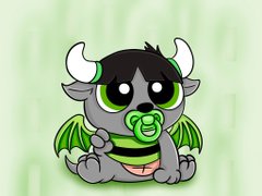 A cartoon illustration of a baby character with horns, a pacifier, and green-striped body resembling a dragon-like figure on a green background.