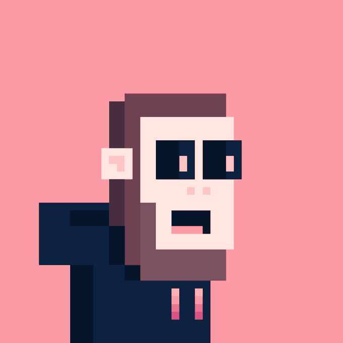 A pixel art illustration depicts a character with a white skull-like face, blue glasses, and dark hair against a pink background.