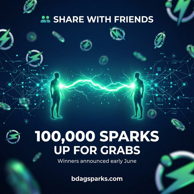 The image features a poster with two figures connected by blue lightning bolts against a dark background, accompanied by text promoting a new gaming concept related to sharing games between friends for free. The text reads "100,000 SPARKS up for grabs." In addition to the main message, there is a note that congratulates the winners of this promotion and provides details about their reward, which includes $5 in USDT on purchases made by referred friends due to the game concept's unique selling point: generating free utility through sharing games among friends.