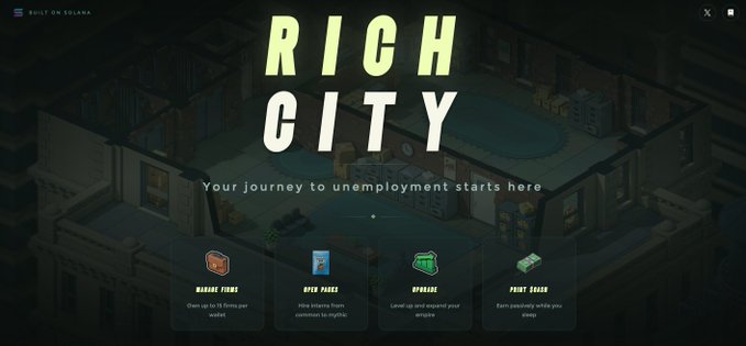 The image shows a screenshot of the website for Rich City. It features an illustration depicting a small town, with one building featuring a sign that reads "Rich City." The background color of the website design is black. The primary focus of the image appears to be showcasing some of the gameplay elements and interface options of the game. Since the title text in the image suggests that this might be part of a post or screenshot related to Rich City, it can be assumed that the content of the image corresponds to information or features displayed on the website's homepage for the game.