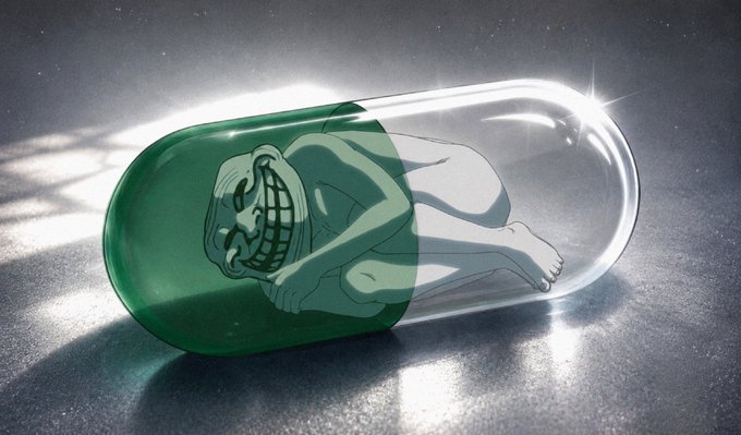 The image shows a cartoon figure curled up inside a large green-and-clear pill capsule, rendered in the iconic Trollface meme style with a wide, mischievous grin. This visually represents the "$TROLL" memecoin post, with the "pill" metaphor suggesting swallowing or buying into the token, while the Trollface imagery reinforces the meme's trolling, mischievous branding as the post hypes a potential breakout.