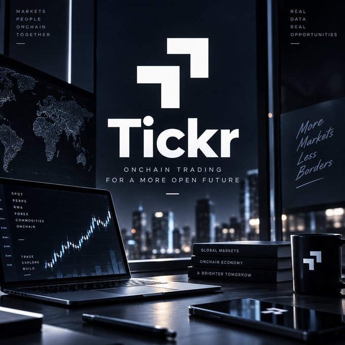 A promotional graphic for 'Tickr - ONCHAIN TRADING FOR A MORE OPEN FUTURE' displayed on screens and devices, with text including 'MARKETS PEOPLE ONCHAIN TOGETHER', 'REAL DATA REAL OPPORTUNITIES', and 'More Markets Less Borders', alongside a laptop showing trading charts.