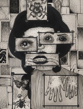 A surreal black and white illustration of a figure with multiple disjointed, framed sections showing eyes, a flower, a mouth, and hands.