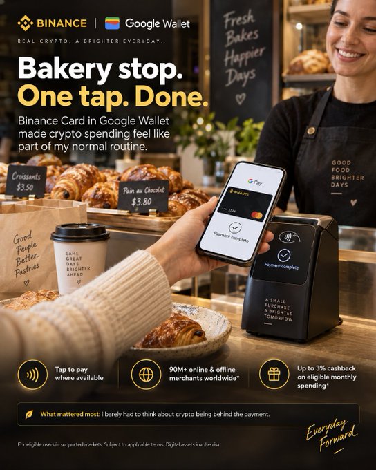 An advertisement shows a smiling bakery employee in an apron behind a counter with croissants and a "Pain au Chocolat $3.80" sign, while a customer taps a phone displaying a Binance Card in Google Wallet for "Payment complete" at a contactless terminal. The accompanying post about testing the Binance Card through Google Wallet at a bakery directly mirrors this scene of a quick, everyday tap-to-pay crypto transaction at a local shop.