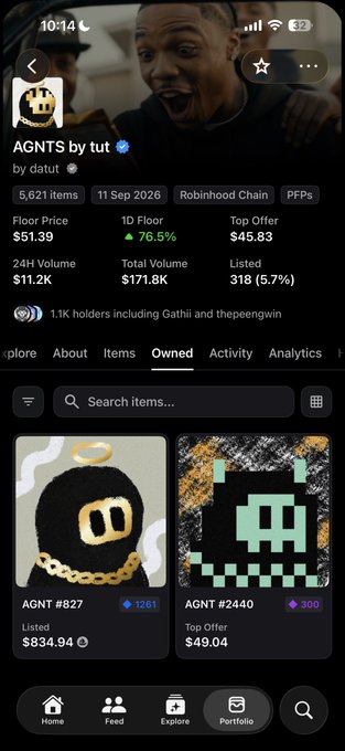 A screenshot of the "AGNT$ by tut" NFT collection on Robinhood Chain shows a 76.5% price increase to a floor price of $51.39, with the post celebrating this gain while asking if holders are still holding their AGNT #827 (listed at $834.94) and AGNT #2440.