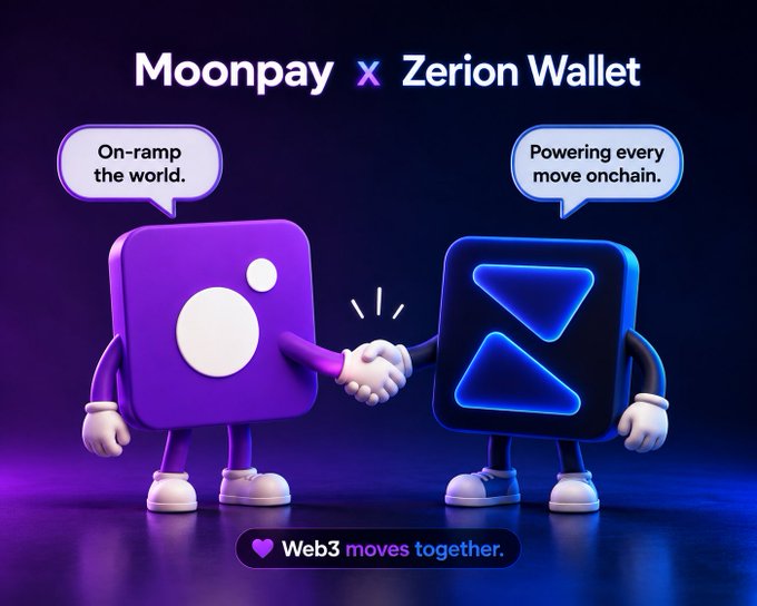 Two 3D cartoon characters—a purple Moonpay mascot and a dark blue Zerion Wallet logo figure—shake hands between speech bubbles reading "On-ramp the world." and "Powering every move onchain," with the tagline "Web3 moves together." The partnership visual reinforces the post's message that users can simply buy crypto directly through Moonpay and receive it in their Zerion Wallet, eliminating the need to go through a centralized exchange.