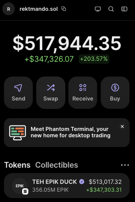 A Phantom wallet screenshot displays a portfolio valued at $517,944.35 (+203.57%), held entirely in 856.05M $EPIK tokens (TEH EPIK DUCK), which aligns with the post's bullish prediction about the EPIK token's recent pump from zero on Pump.fun toward potential Robinhood listing.