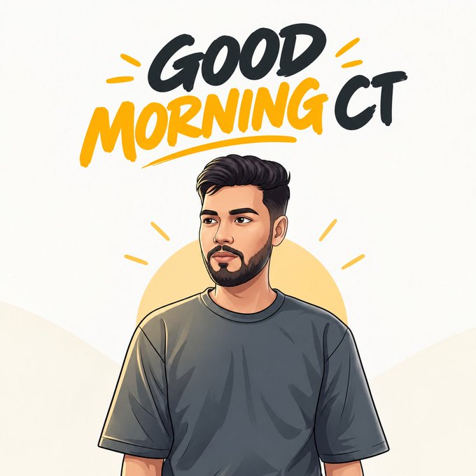 An animated-style illustration of a young man with a beard and grey t-shirt against a sunny background with a sun graphic, captioned 'GOOD MORNING CT' in bold yellow and black lettering.