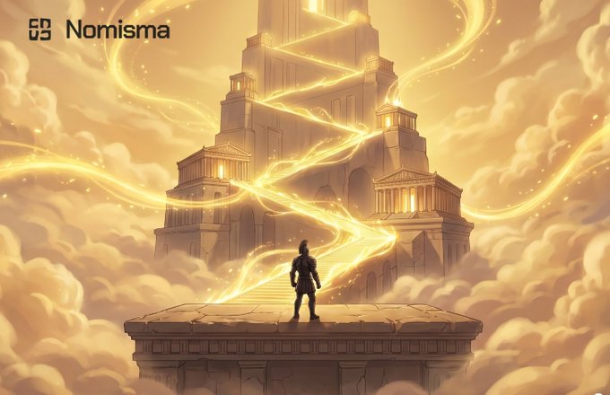 An illustrated fantasy scene with a silhouetted figure standing on a platform facing a glowing golden temple/structure in the clouds, branded with the 'Nomisma' logo in the top left.