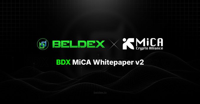 A dark promotional banner displays 'BELDEX' and 'MiCA Crypto Alliance' logos above the text 'BDX MiCA Whitepaper v2' with 'beldex.io' at the bottom.