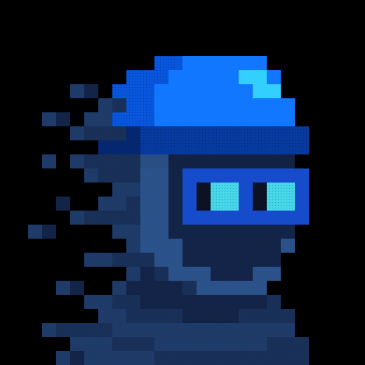 A pixel art illustration of a blue character with glowing light blue rectangular eyes, partially dissolving into small square fragments against a black background.