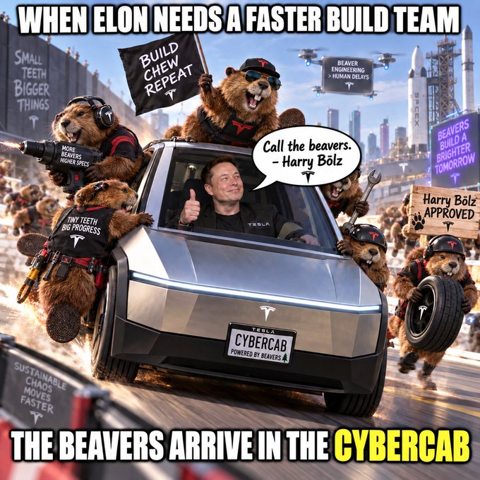 An AI-generated meme titled "WHEN ELON NEEDS A FASTER BUILD TEAM" shows Elon Musk in a Tesla Cybercab ("CYBERCAB POWERED BY BEAVERS") surrounded by anthropomorphic beavers with signs reading "BUILD CHEW REPEAT" and "Harry Bolz APPROVED," with text "THE BEAVERS ARRIVE IN THE CYBERCAB."