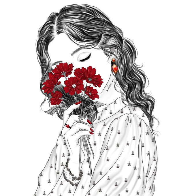 A black-and-white illustration of a woman with flowing hair holding a bouquet of red flowers over her face, accented with red nail polish and lipstick, wearing a patterned blouse.