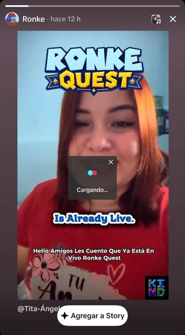 The screenshot shows an Instagram story from "Ronke" featuring a loading overlay on a live broadcast titled "RONKE QUEST," with a woman in a red shirt visible in the background and Spanish text announcing "Hello Amigos Les Cuento Que Ya Está En Vivo Ronke Quest" (translating to "Hello friends, I'm telling you that Ronke Quest is now live"). The accompanying post expresses gratitude for being mentioned in this story, suggesting the woman pictured is the author (@Tita-Ángel) being featured by Ronke's project in recognition of her TikTok content.