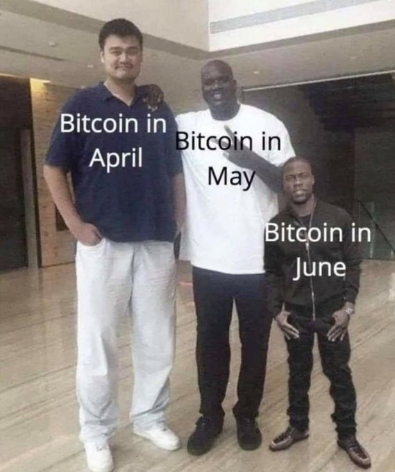 A meme showing Yao Ming, Shaquille O'Neal, and Kevin Hart standing together, labeled respectively as 'Bitcoin in April', 'Bitcoin in May', and 'Bitcoin in June', humorously depicting a decrease in stature over time.