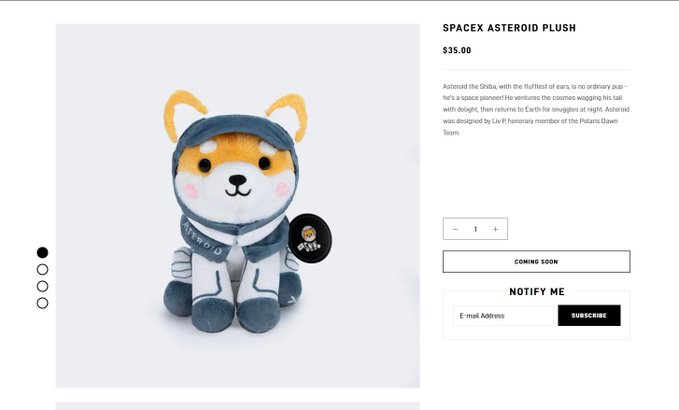 A product page displays a "SPACEX ASTEROID PLUSH" for $35.00, featuring a plush dog-like astronaut with the mission patch of asteroid Daylight, designed by a Polaris Dawn Honorary member.