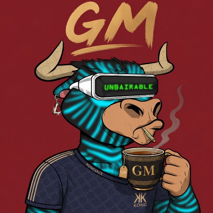 A digital illustration of a blue minotaur-like character wearing a VR headset displaying 'UNBAIRABLE', drinking from a gold mug with 'GM' on it, with 'GM' written in large gold letters above.