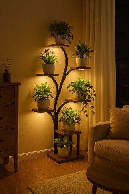 A warmly lit living room corner showcases a tall, tree-shaped wooden plant stand with integrated lighting, holding several potted green plants at varying heights, alongside a wooden dresser and part of a beige couch. The cozy, golden ambiance and detailed craftsmanship of the illuminated shelving echo the post's theme of appreciating the finer, often-overlooked details that make a product truly impressive.