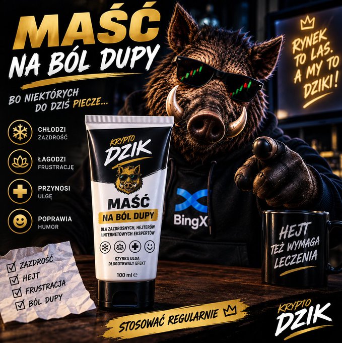 A satirical Polish advertisement for "Krypto Dzik Maść na Ból Dupy" (Crypto Boar Ointment for Pain in the Ass) humorously mocks their YouTube channel deletion, featuring a wild boar in sunglasses pointing at the product alongside text like "RYNEK TO LAS, A MY TO DZIKI!" (The market is a forest, and we are the boars) and "HEJT MAXWYMAGA LECZENIA" (Hate also requires treatment).
