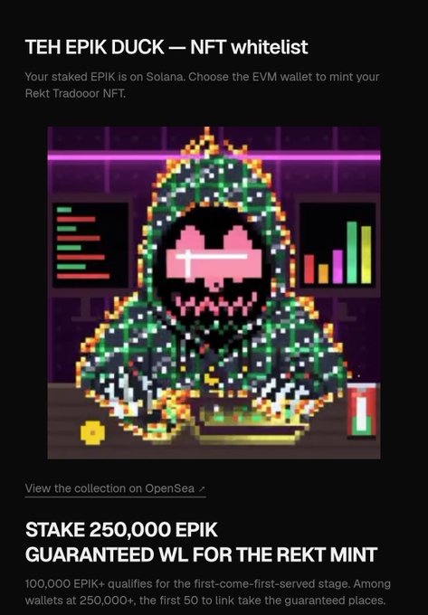 A promotional graphic titled 'TEH EPIK DUCK — NFT whitelist' featuring a pixelated duck in a hood with a pink skull face, advertising to 'STAKE 250,000 EPIK GUARANTEED WL FOR THE REKT MINT'.