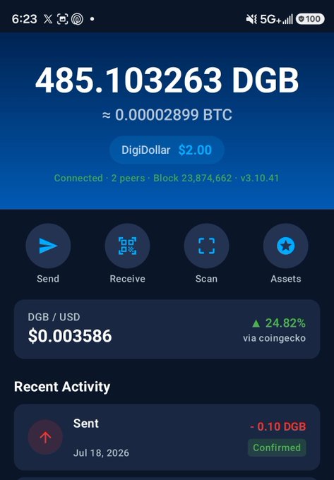 A mobile cryptocurrency wallet screenshot showing a balance of 485.103263 DGB (DigiByte), approximately 0.00002899 BTC, valued at $2.00.