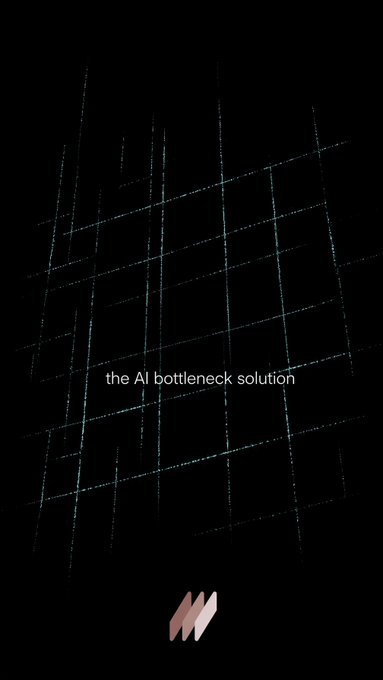 A dark graphic with text reading 'the AI bottleneck solution' over a pattern of glowing grid lines, with a logo at the bottom.