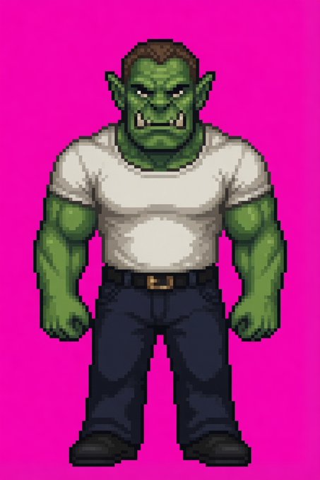 Pixel art of a green-skinned orc with brown hair and tusks, wearing a white t-shirt and blue jeans against a bright pink background.