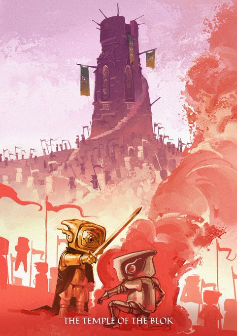 An illustrated fantasy artwork titled 'The Temple of the Bloc' showing a golden-armored knight with a sword facing a kneeling hooded figure, set against a pink and red landscape with a dark tower.