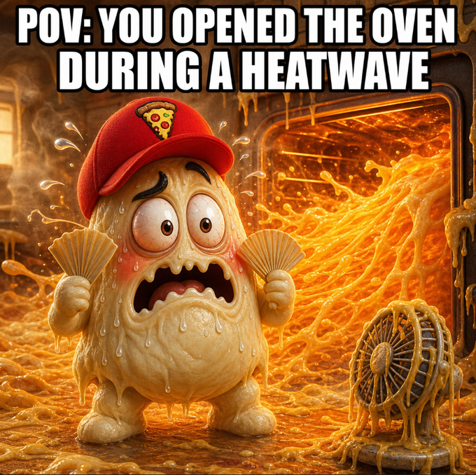 A cartoon pizza slice character wearing a red pizza-themed cap is depicted melting from extreme heat while holding two fans, with the caption "POV: YOU OPENED THE OVEN DURING A HEATWAVE." The overwhelmed character stands near a small fan surrounded by splashing, lava-like orange liquid in an oven setting.