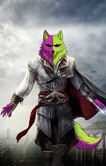 Digital artwork of an anthropomorphic wolf with split purple and lime green fur, wearing an Assassin's Creed-style assassin's robe with a hidden blade.