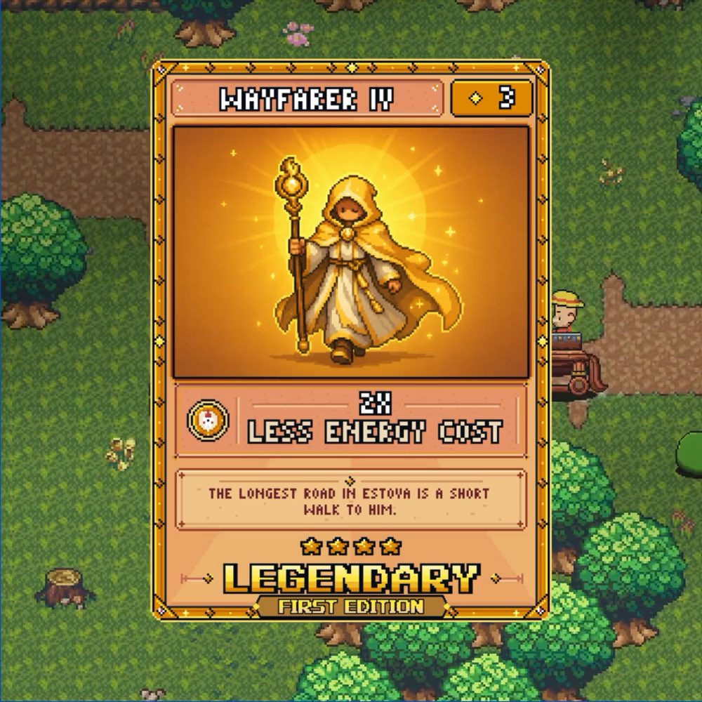 A pixel-art trading card displays "WAYFARER IV," a legendary first-edition card featuring a hooded staff-wielding character with a "2X LESS ENERGY COST" buff and the flavor text "THE LONGEST ROAD IN ESTOVA IS A SHORT WALK TO HIM," presented against a green forested game background—representing one of the 3,355 Genesis Cards mentioned in the wallet submission announcement.
