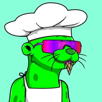 A cartoon illustration of a green rat wearing a white chef's hat, apron, and colorful sunglasses, holding an ice cream cone.