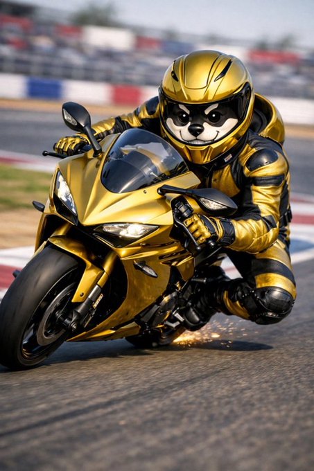 A racer in a gold Shiba Inu-themed helmet and matching suit leans aggressively into a turn on a matching gold sport bike on a racetrack, with sparks flying from the knee—visually reinforcing the "$MANYU" post's pitch of the "Dark Shiba" overtaking $SHIB in a bull-run race.