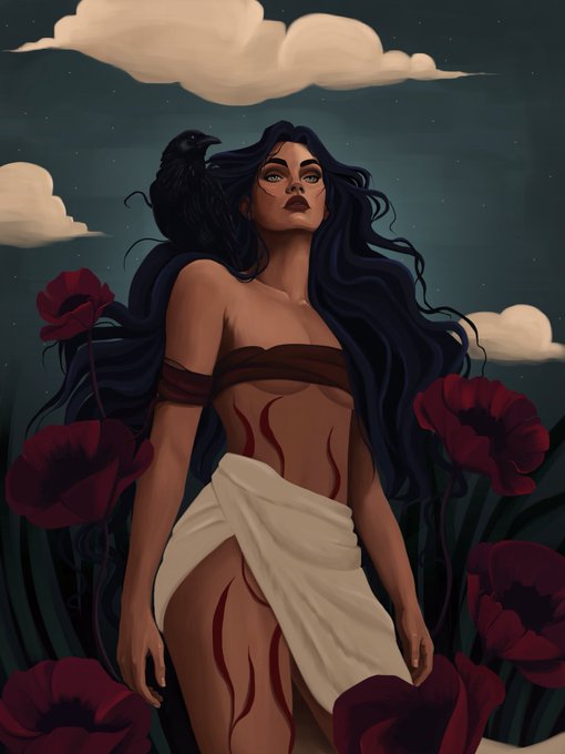 A stylized illustration of a woman with long flowing dark hair and a crow on her shoulder, standing among red poppies under a cloudy night sky.
