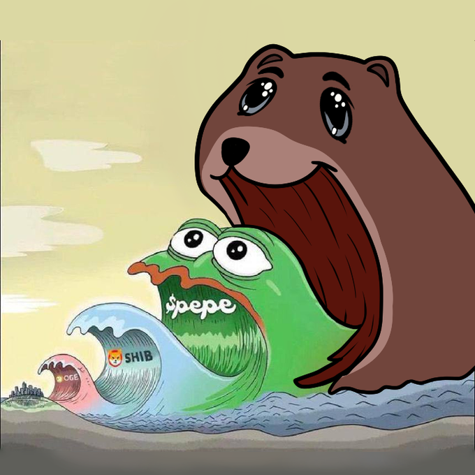 A cartoon-style illustration depicting a wave labeled with '$pepe' crashing with 'SHIB' and 'DOGE' labels, with a bear character resembling the Bitcoin logo looming above.