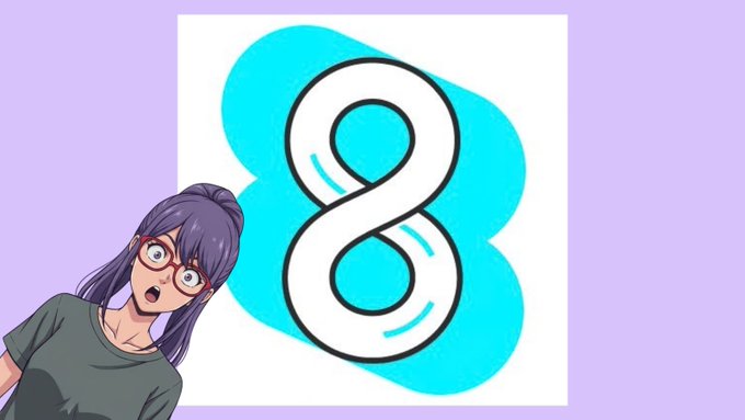 An animated illustration of a surprised-looking girl with purple hair and glasses next to a large number '8' on a purple background.