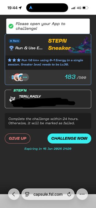 The image shows a phone screen with an app called "Stepn" displayed, which appears to be a fitness challenge or game. The user has already completed one round of the challenge and is now ready for the next round. The app also provides information about the current challenge status, including the number of rounds remaining and the total cost of the challenge.