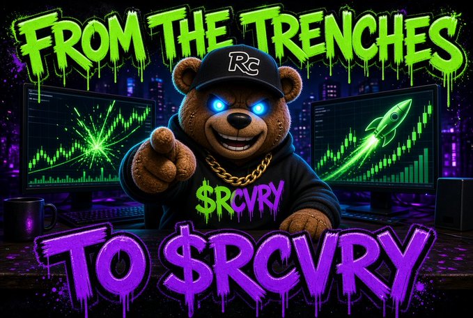 A stylized graphic featuring a teddy bear with glowing blue eyes wearing a black cap with 'RC' logo and a '$RCVRY' hoodie, pointing forward, with text 'FROM THE TRENCHES' above and 'TO $RCVRY' below, set against a background of stock charts and a rocket.