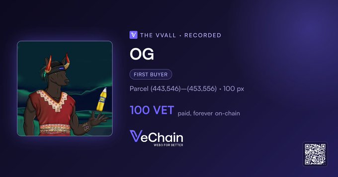 VeChain NFT marketplace screenshot showing 'THE VVALL - RECORDED' token named 'OG' with parcel coordinates (443,546)-(453,556), marked as FIRST BUYER for 100 VET, paid forever on-chain.