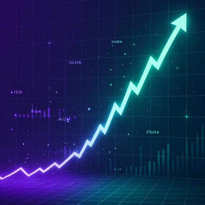 The image features a line chart that shows an upward-trending upward-pointing arrow over several bars. There are also three dots positioned below the upward-pointing arrow, with their positions varying across the chart – closer to the center of the graph and one at the top right corner. The background is dark blue, making it easy for the upward-pointing arrow and the dots to stand out clearly. In the image description provided, it suggests that the data points are from the beginning of a week, indicating an increasing trend in the stock market or cryptocurrency values over time.