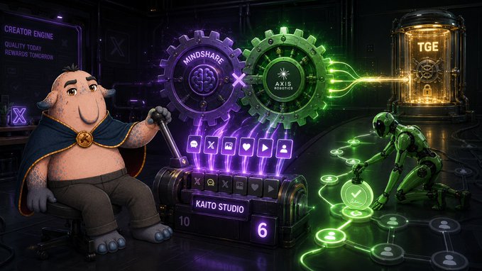 The image depicts a futuristic digital illustration featuring a cartoon elephant character in a cape on the left, large glowing purple and green gears labeled "MINDSHARE" and "AXIS" in the center, and a green robot connecting networked nodes on the right, with a "TGE" capsule visible. A "Kaito Studio" and "Creator Engine" interface is prominently displayed, visually representing Axis's Content Creator Program with Kaito AI, where 0.25% of $AXIS supply rewards are distributed at TGE for creators who build mindshare around the project.