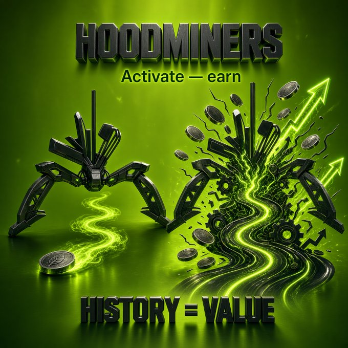 A vibrant green promotional graphic featuring the text 'HOODMINERS' and 'HISTORY = VALUE,' along with 'Activate — earn.' It displays mechanical spider-like devices and digital coins with glowing energy effects.