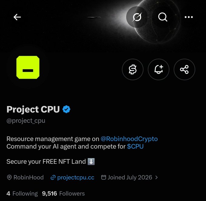 A Twitter/X profile page for 'Project CPU' (@project_cpu), a verified account describing itself as a 'Resource management game on @RobinhoodCrypto' with 9,516 followers, located at RobinHood, joined July 2026.