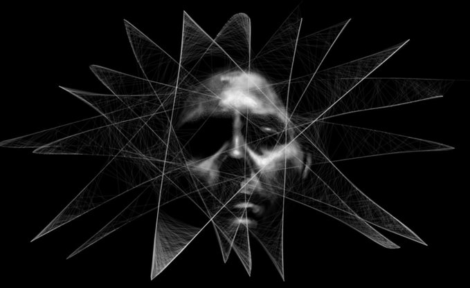 A surreal black and white digital artwork depicts a glowing human face overlaid with geometric star-shaped line patterns on a dark background.