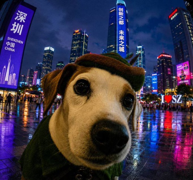 A close-up of a beagle-like dog wearing a green cap and jacket poses against the illuminated Shenzhen ("深圳") skyline at night, with a neon "I ❤ SZ" sign glowing in the background—using the dog's real-world charm and city backdrop to mirror the post's pitch of $WISHBONE as a meme coin with genuine IRL presence and strong lore.