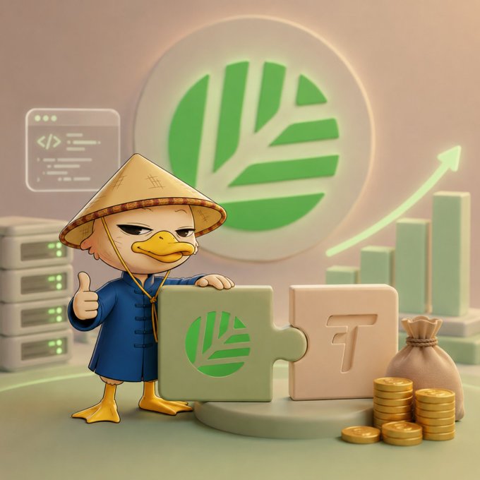 A 3D cartoon duck wearing a conical hat and blue jacket gives a thumbs-up next to interconnected puzzle pieces featuring the CNPY Network and Tanssi logos, with gold coins, a money bag, and a rising growth arrow in the background—illustrating the strategic acquisition of production-tested orchestration technology to accelerate growth rather than rebuild from scratch.